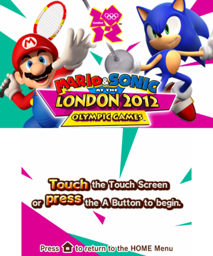Mario and Sonic at the London 2012 Olympic Games start screen for Nintendo 3DS (3DS) video game