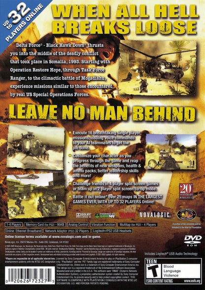 Delta Force: Black Hawk Down back of case for PlayStation 2 (PS2) modern military first-person shooter video game