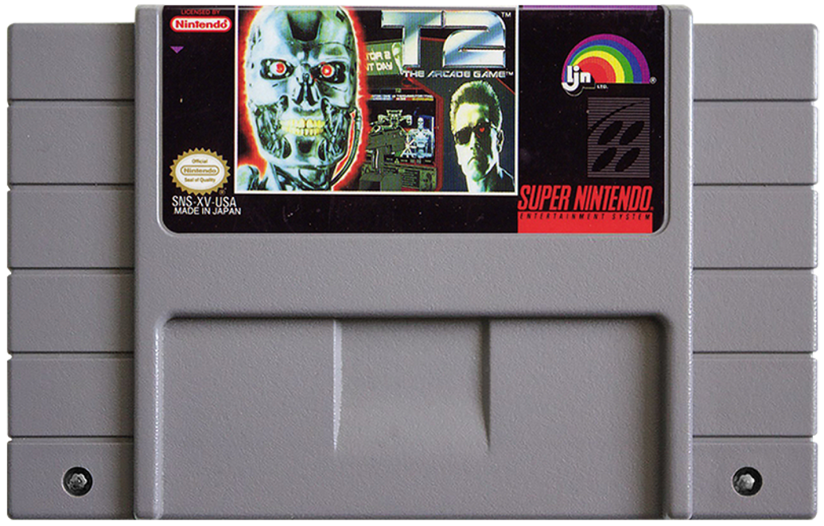 T2 The Arcade Game Super Nintendo Entertainment System SNES video game featuring light gun shooting gameplay Terminator 2 action arcade shooting enemy targets rapid fire combat machine battles challenging stages and classic 16 bit Nintendo arcade gameplay retro video game collection collectible gaming appeal game cartridge