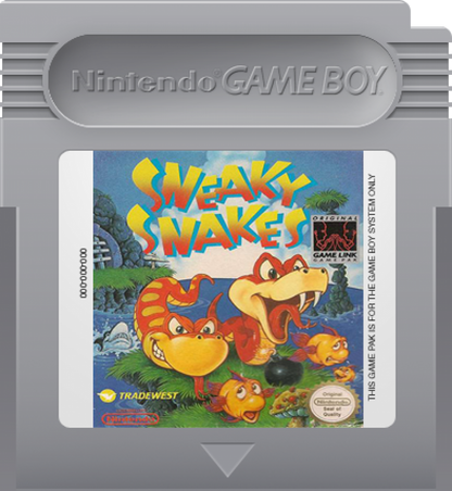 Sneaky Snakes Game Boy video game, puzzle arcade gameplay, classic handheld action, retro Nintendo Game Boy title cartridge art