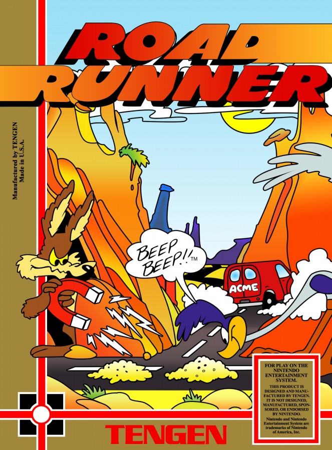 Road Runner Nintendo Entertainment System NES video game featuring classic arcade action gameplay Wile E Coyote and Road Runner Looney Tunes characters high speed desert chase levels obstacle dodging cartoon style action enemy avoidance platforming challenges colorful environments and classic 8 bit Nintendo gameplay retro video game collection collectible gaming appeal front cover art