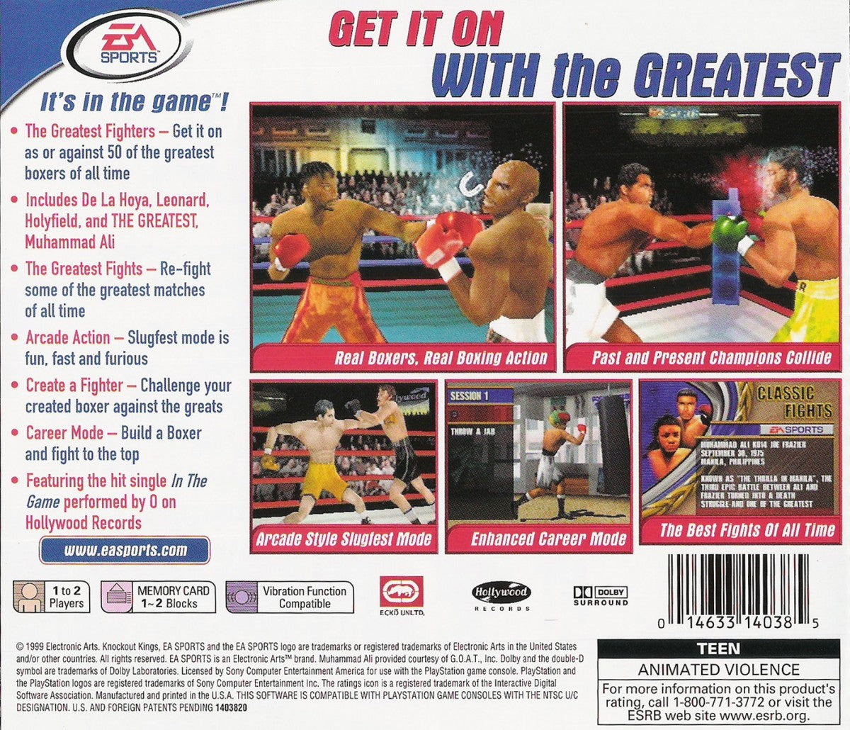 Knockout Kings 2000 back cover art for PlayStation 1 (PS1) boxnig video game.
