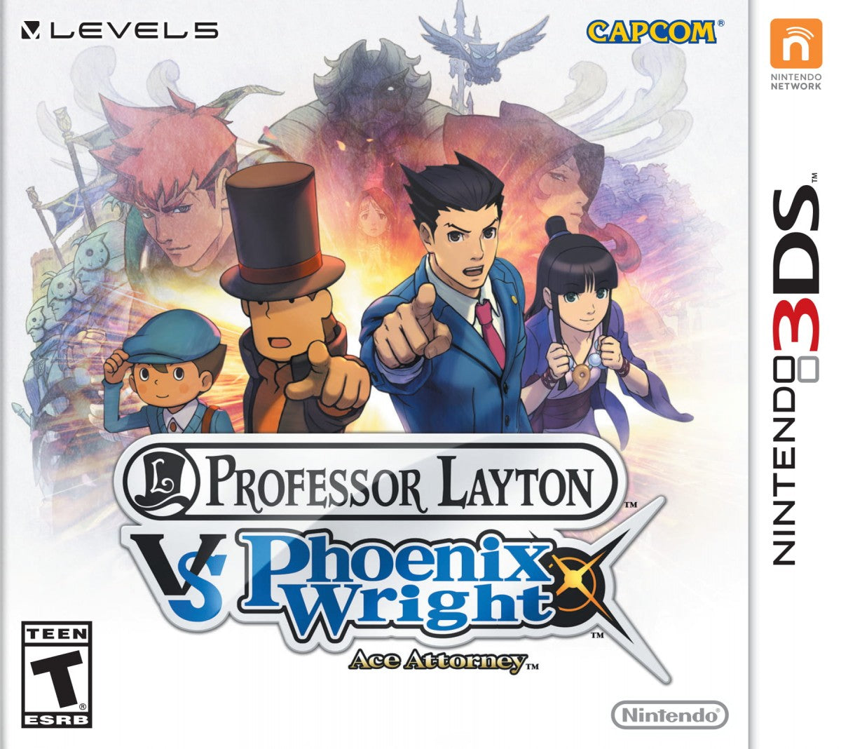 Professor Layton vs Phoenix Wright Ace Attorney Nintendo 3DS video game, puzzle adventure meets courtroom drama, crossover title, handheld console release cover art