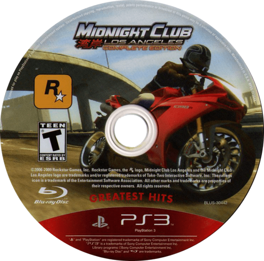 Midnight Club: Los Angeles [Complete Edition] disc for PlayStation 3 (PS3) video game