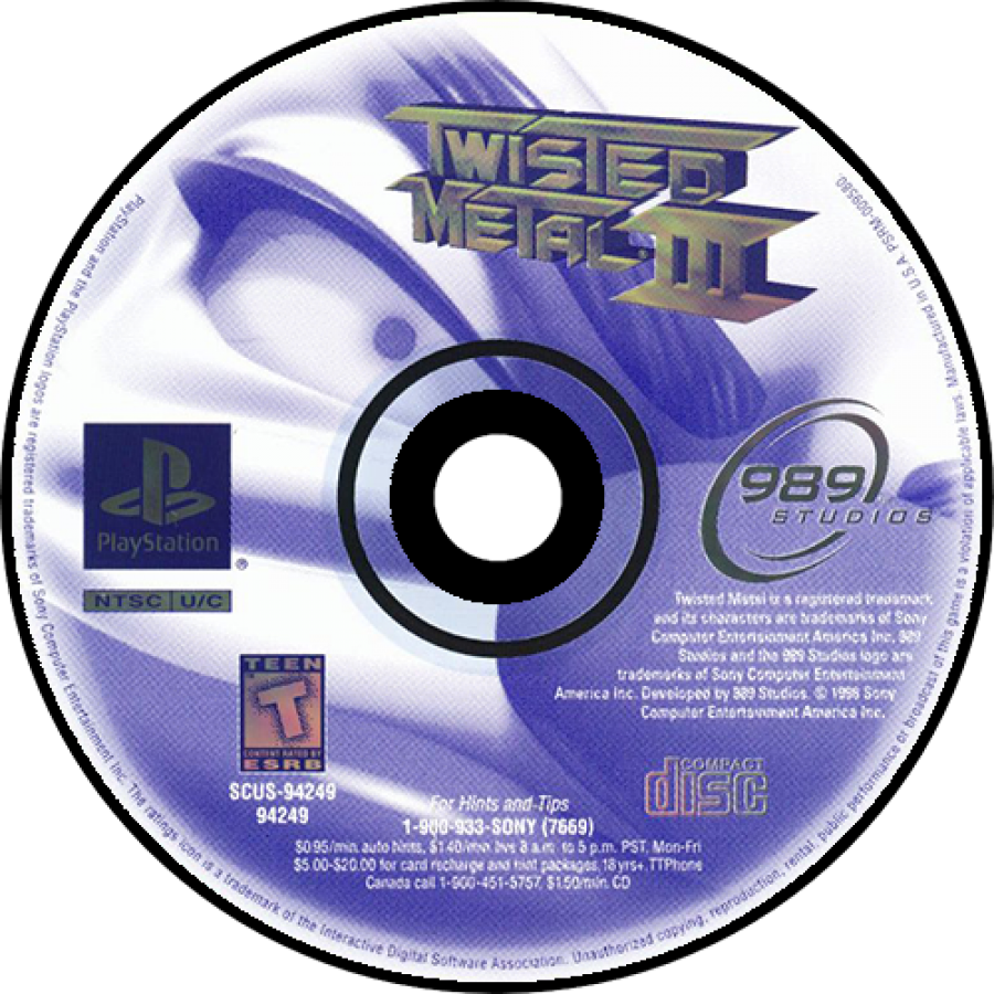 Twisted Metal III disc cover art for PlayStation 1 (PS1) racing video game.