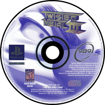Twisted Metal III disc cover art for PlayStation 1 (PS1) racing video game.