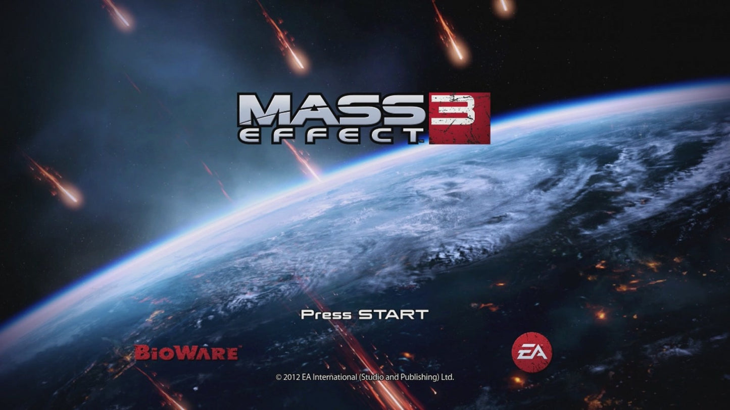 Mass Effect 3 start screen for Xbox 360 (X360) sci-fi action role-playing video game