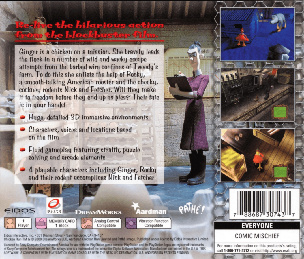 Chicken Run back of box for PlayStation 1 (PS1) retro video game
