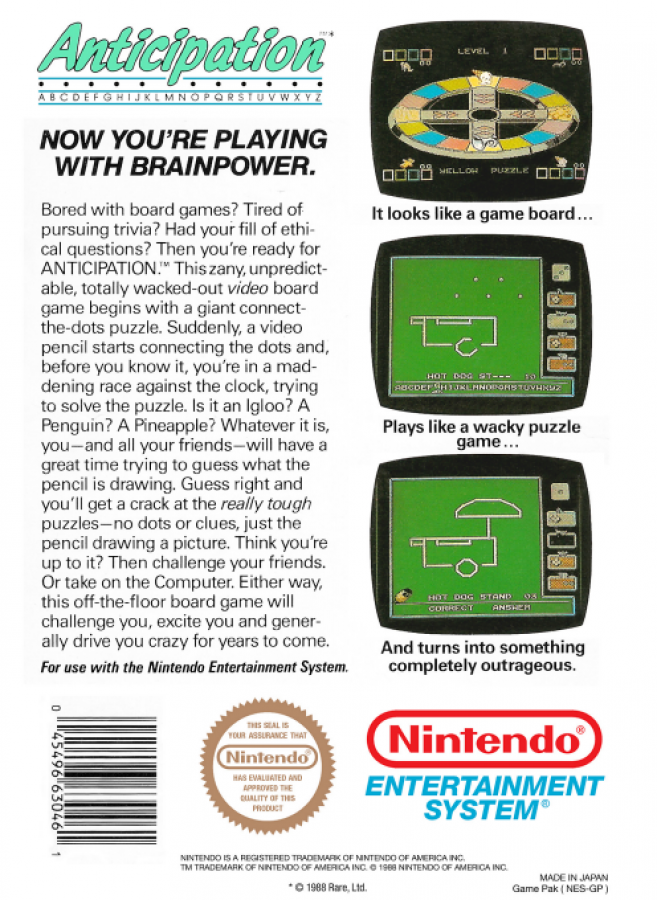 Anticipation back of box for Nintendo Entertainment System (NES) retro video game