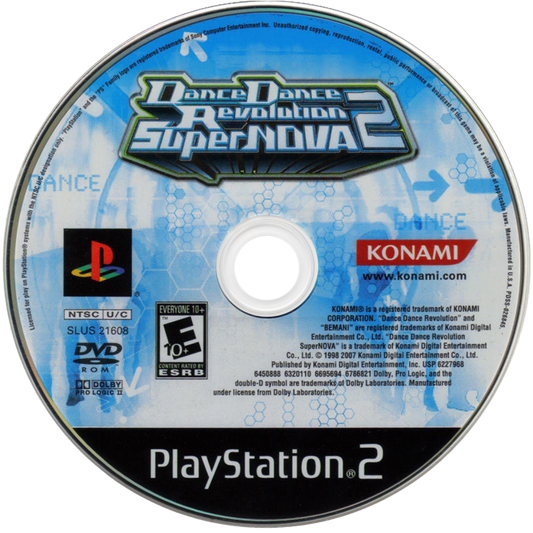 Dance Dance Revolution SuperNova 2 for PlayStation 2 with rhythm-based dance gameplay and music challenge theme disc