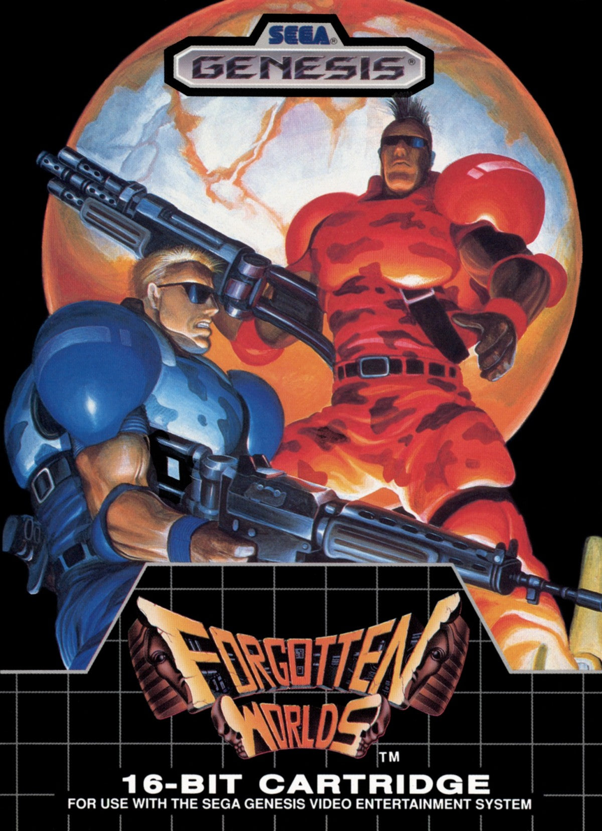 Forgotten Worlds Sega Genesis GEN for retro video game enthusiasts featuring side scrolling shoot em up gameplay futuristic aerial combat rotating weapon system intense enemy battles sci fi adventure classic arcade action and collectible gaming appeal front cover
