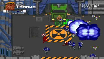 Total Carnage for Super Nintendo top down run and gun arcade shooter featuring explosive action rescue missions power ups and two player co op gameplay