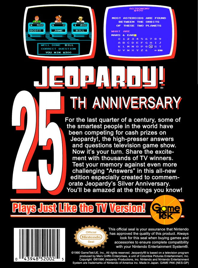 Jeopardy 25th Anniversary Edition retro NES video game Jeopardy trivia game show quiz competition multiplayer knowledge based gameplay classic console title Nintendo Entertainment System release back of case