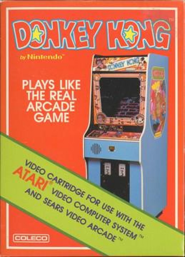 Donkey Kong Coleco for Atari 2600, cover image for an arcade platformer video game with ladder climbing, obstacle-dodging gameplay, retro action challenges, and classic home console fun