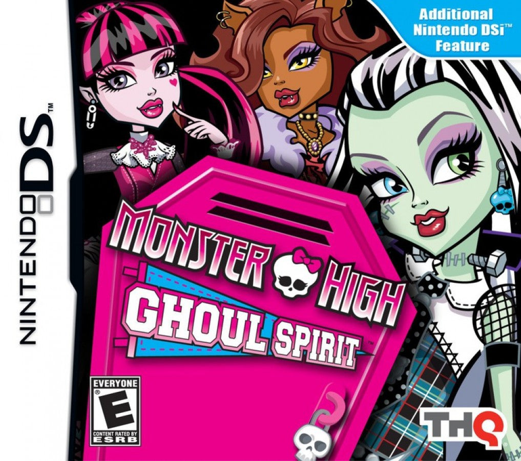 Monster High: Ghoul Spirit for Nintendo DS — a school-life adventure where you create your own ghoul, attend classes, complete tasks, build friendships with famous Monster High characters, and uncover spooky mysteries around the school front cover