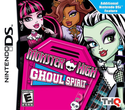 Monster High: Ghoul Spirit for Nintendo DS — a school-life adventure where you create your own ghoul, attend classes, complete tasks, build friendships with famous Monster High characters, and uncover spooky mysteries around the school front cover