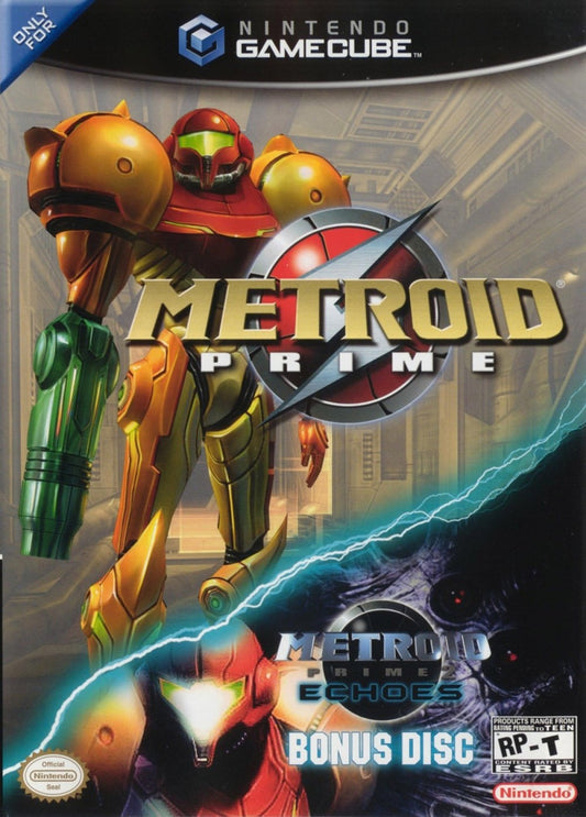 Metroid Prime GameCube GC video game with Metroid Prime 2 Echoes bonus disc, first-person adventure, sci-fi action, Nintendo GameCube special edition cover art