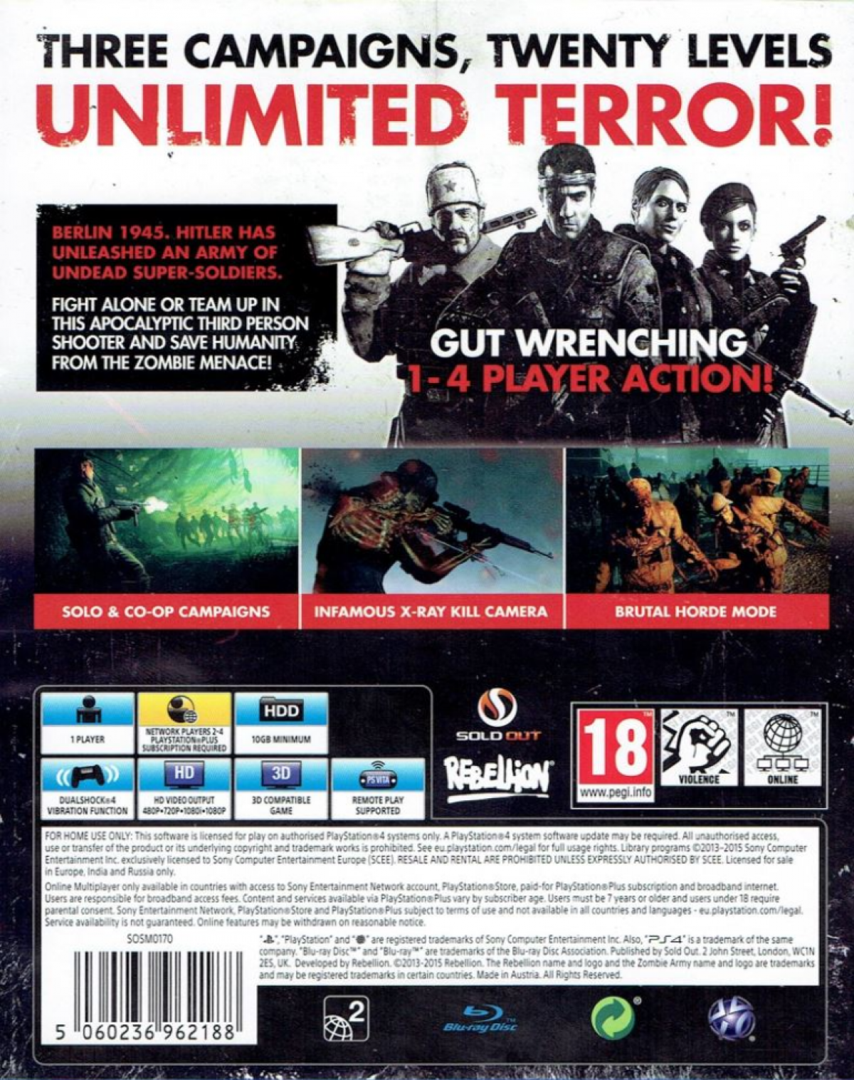 Zombie Army Trilogy [PAL Import] back cover art for PlayStation 4 video game. 