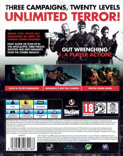 Zombie Army Trilogy [PAL Import] back cover art for PlayStation 4 video game. 