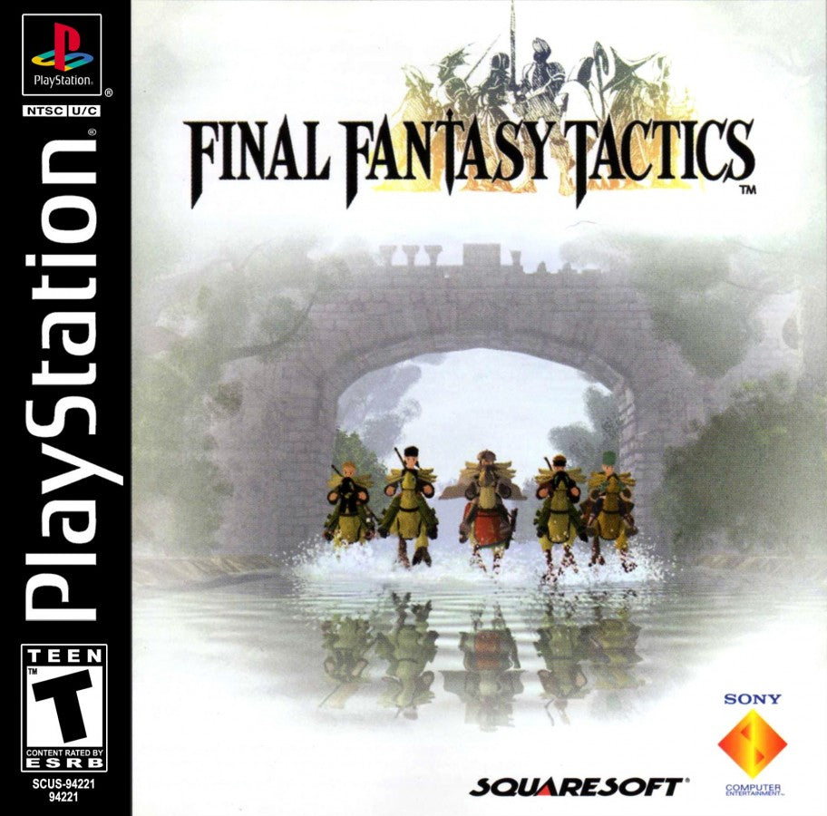 Retro Final Fantasy Tactics PS1 cover art inspired design featuring classic tactical RPG fantasy warfare aesthetic vintage PlayStation strategy game graphics medieval heroes summons grid based battles nostalgic Squaresoft masterpiece iconic JRPG adventure cover art