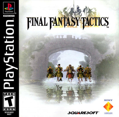 Retro Final Fantasy Tactics PS1 cover art inspired design featuring classic tactical RPG fantasy warfare aesthetic vintage PlayStation strategy game graphics medieval heroes summons grid based battles nostalgic Squaresoft masterpiece iconic JRPG adventure cover art