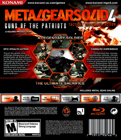 Metal Gear Solid 4: Guns of the Patriots back cover art for PlayStation 3 (PS3) video game