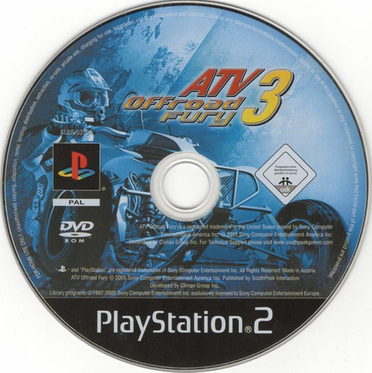 ATV Offroad Fury 3 PlayStation 2 PS2 video game, off-road racing action, ATV stunt and freestyle gameplay, multiplayer modes, console racing title disc