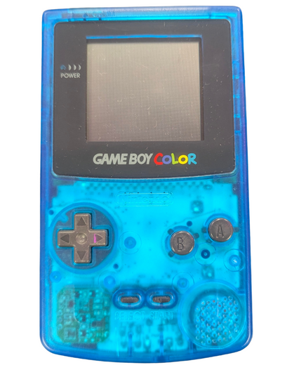 Game Boy Color GBC handheld console, custom blue clear shell, portable Nintendo system, retro gaming, scratch and scuff cosmetic condition front cover of actual console