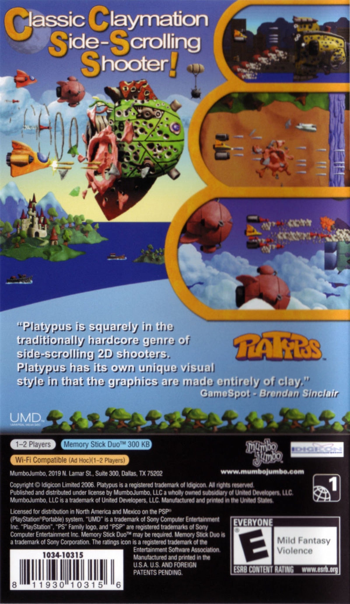 Platypus PlayStation Portable PSP inspired design featuring claymation style shoot em up gameplay aesthetic colorful handcrafted visuals side scrolling aerial combat whimsical enemy encounters arcade action challenges and portable retro gaming presentation back cover