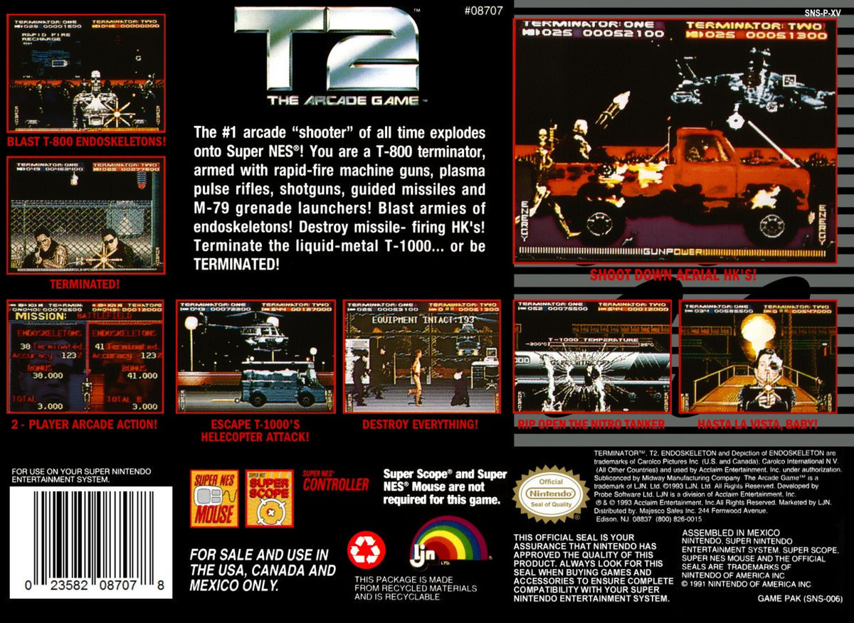 T2 The Arcade Game Super Nintendo Entertainment System SNES video game featuring light gun shooting gameplay Terminator 2 action arcade shooting enemy targets rapid fire combat machine battles challenging stages and classic 16 bit Nintendo arcade gameplay retro video game collection collectible gaming appeal back cover art