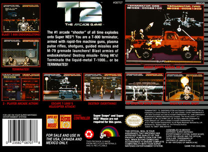 T2 The Arcade Game Super Nintendo Entertainment System SNES video game featuring light gun shooting gameplay Terminator 2 action arcade shooting enemy targets rapid fire combat machine battles challenging stages and classic 16 bit Nintendo arcade gameplay retro video game collection collectible gaming appeal back cover art