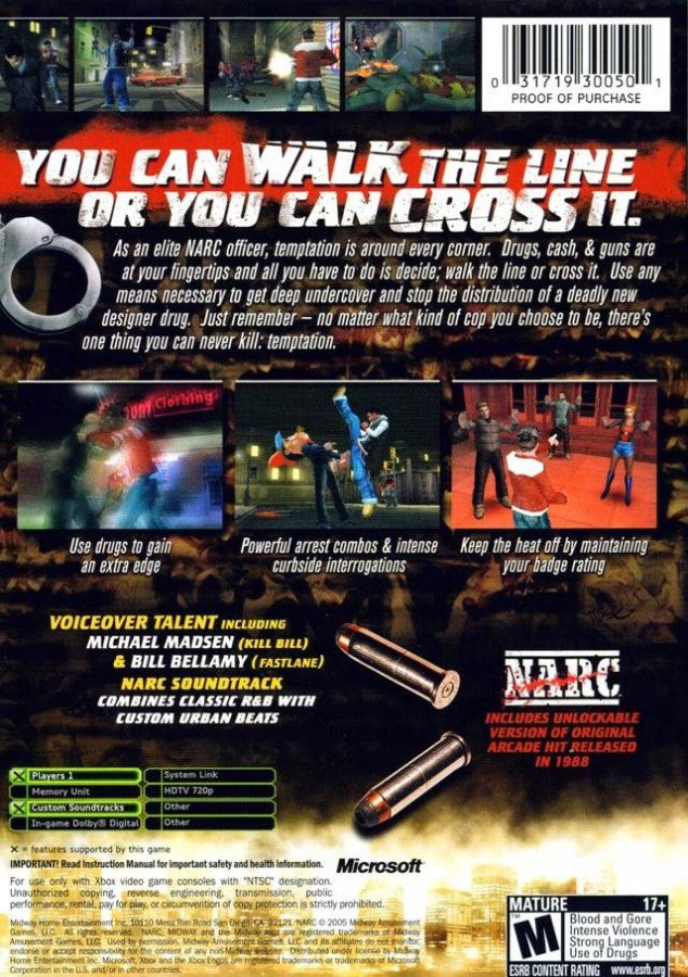 NARC for Xbox (Xbox) back of case, action shooter video game.