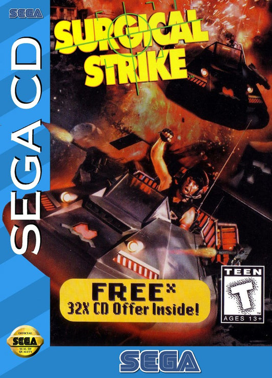 Surgical Strike Sega CD full motion video FMV rail shooter arcade style helicopter combat military strike missions live action footage targeting enemies cinematic gameplay interactive movie style retro gaming Sega CD software video game title cover art