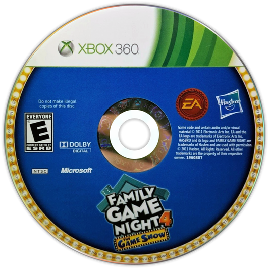 Family Game Night 4 for Xbox 360 party video game featuring classic board game adaptations multiplayer mini games family friendly challenges and interactive casual gaming experience disc