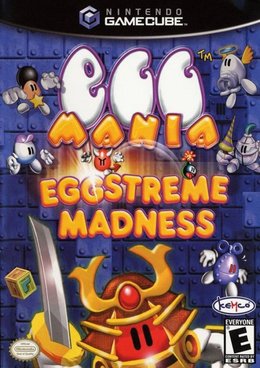 GameCube game cover for 'Egg Mania: Eggstreme Madness' with colorful characters and text.