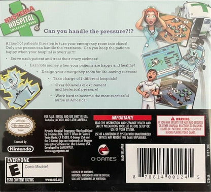 Hysteria Hospital Emergency Ward Nintendo DS for simulation video game fans featuring hospital management gameplay patient care challenges medical emergencies time management tasks touch screen controls colorful characters strategic planning family friendly handheld entertainment collectible gaming appeal back cover art
