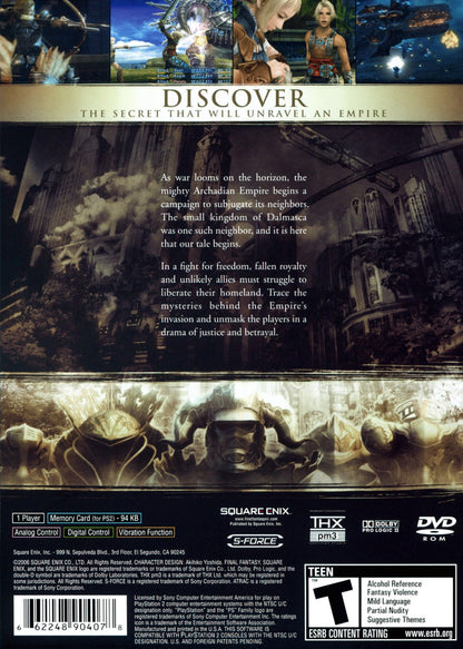 Final Fantasy XII from the Greatest Hits collection for the PlayStation 2 featuring open world style RPG gameplay with real time combat expansive fantasy world exploration and cinematic storytelling in the kingdom of Ivalice back cover art 