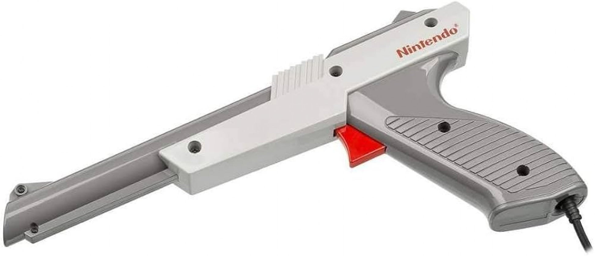 OEM Nintendo Zapper light gun accessory in gray for the Nintendo Entertainment System NES official authentic peripheral with orange tip trigger grip and cable connector for Duck Hunt and other shooting games left side aim down