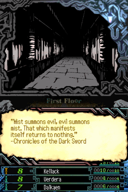 The Dark Spire game for the Nintendo DS featuring first person dungeon crawling RPG gameplay with classic grid based exploration party management and challenging turn based combat in a dark fantasy setting gameplay