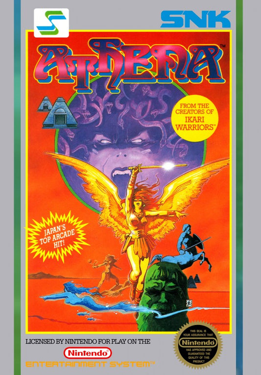 Athena 5 Screw Complete in Box CIB Nintendo Entertainment System NES for retro video game enthusiasts featuring classic action platforming gameplay fantasy adventure weapon and armor upgrades challenging enemies magical worlds rare 5 screw edition complete in box collectible gaming appeal front cover