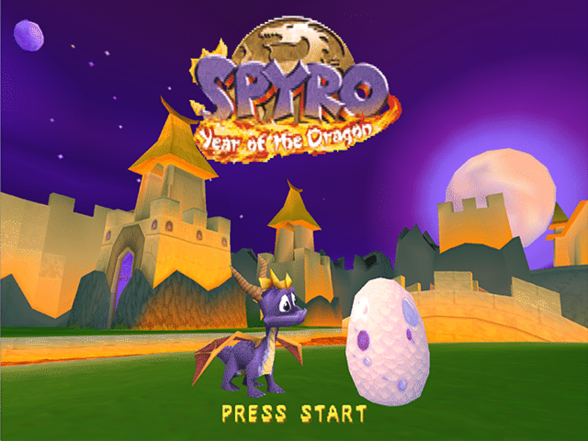 Spyro: Year of the Dragon start screen for PlayStation 1 (PS1) platformer adventure video game
