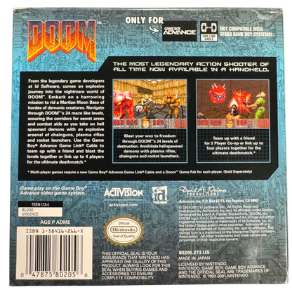 Doom CIB Nintendo Game Boy Advance GBA video game featuring classic first person shooter gameplay demon combat weapons action packed levels Mars exploration intense enemy encounters and retro shooting action complete in box CIB edition Game Boy Advance collection collectible gaming appeal box back