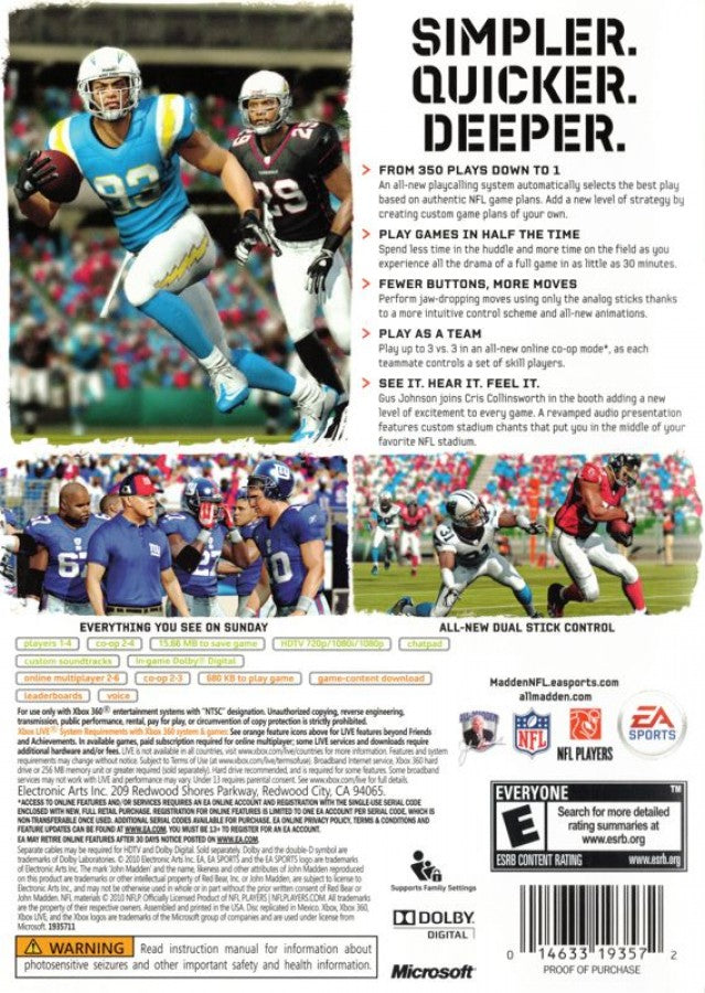 Madden NFL 11 back of case for Xbox 360 (X360) sports football video game