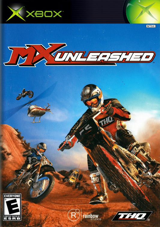 MX Unleashed Xbox off-road motocross racing video game Rainbow Studios THQ massive open environments freestyle tricks career mode nationals supercross events vehicle roster includes bikes ATVs monster trucks buggies golf carts stunt challenges track editor progressive difficulty realistic terrain physics dirt bike customization competitive AI multiple racing disciplines front cover