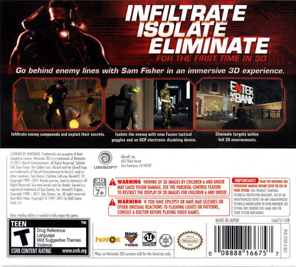 Tom Clancys Splinter Cell 3D Nintendo 3DS video game featuring stealth action gameplay tactical espionage missions Sam Fisher covert operations and Ubisoft handheld adaptation with immersive 3D visuals back coer