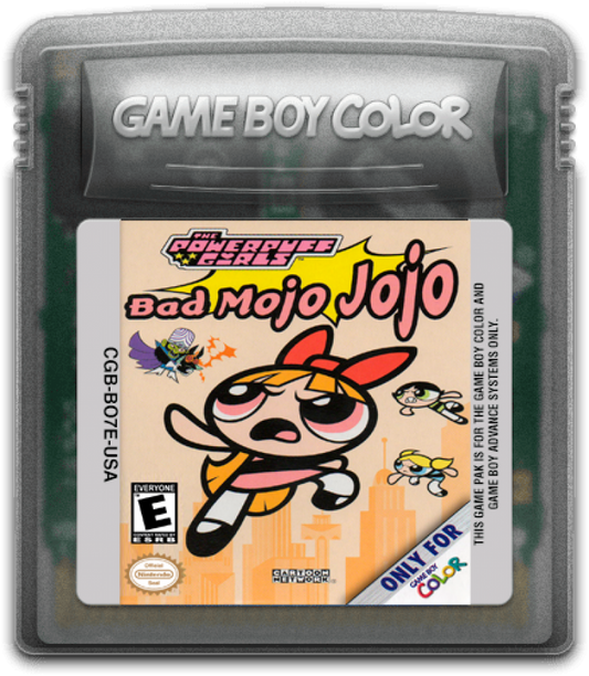 The Powerpuff Girls Bad Mojo Jojo for Game Boy Color, cartridge for a platformer action video game with side-scrolling gameplay, character-based abilities, cartoon-style combat, and villain-focused storyline