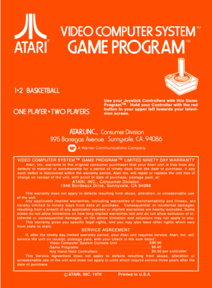 Basketball Text Label Atari 2600 video game featuring basketball sports gameplay competitive matches shooting challenges passing defense scoring and classic Atari 2600 arcade sports action retro video game collection collectible gaming appeal back cover art