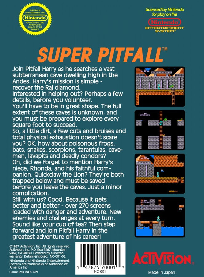 Super Pitfall Nintendo Entertainment System NES for retro video game enthusiasts featuring action adventure platforming gameplay maze like exploration hidden secrets challenging enemies underground caverns classic 8 bit gaming and collectible gaming appeal back art