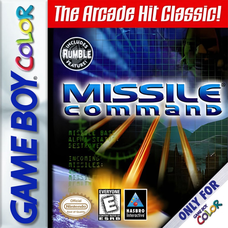 Missile Command Game Boy Color GBC video game featuring arcade defense gameplay missile interception enemy attacks strategic targeting city defense high score challenges classic Atari action and handheld gaming retro video game collection collectible gaming appeal cover art