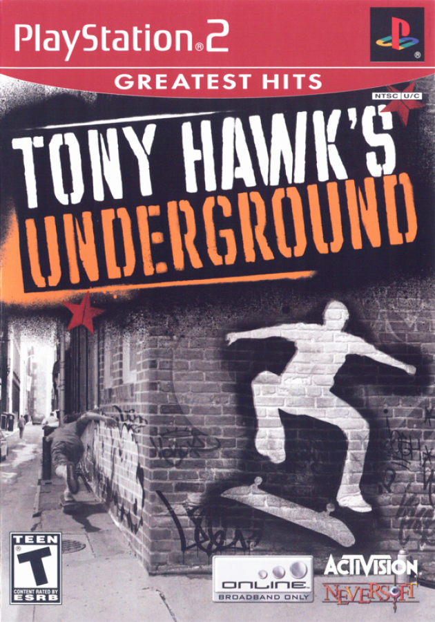Tony Hawk's Underground [Greatest Hits] – PlayStation 2 (PS2) video game cover image, skateboarding sports action.
